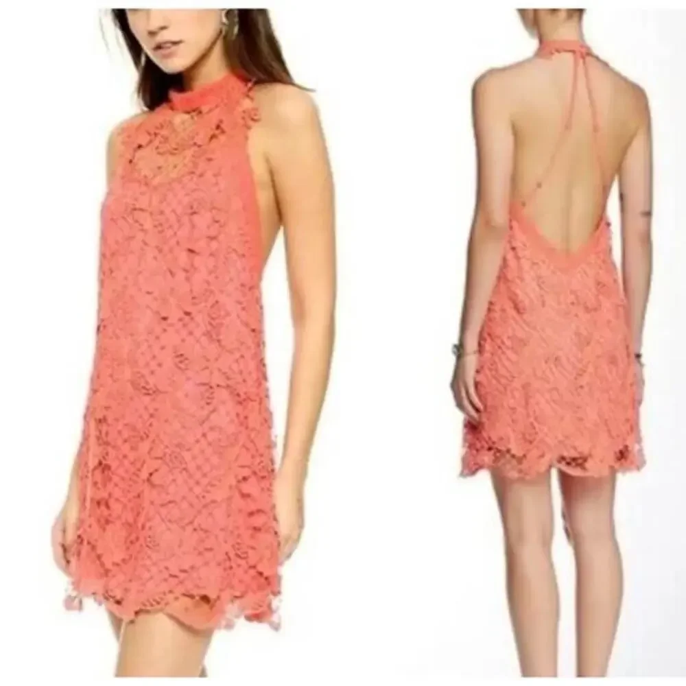 Free people Pink‎ Embroidered Lace Backless Mini Dress party collection - Picture 5 of 6